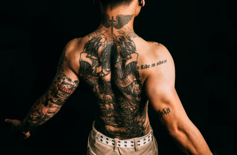 Heavy blackwork across a back and both arms