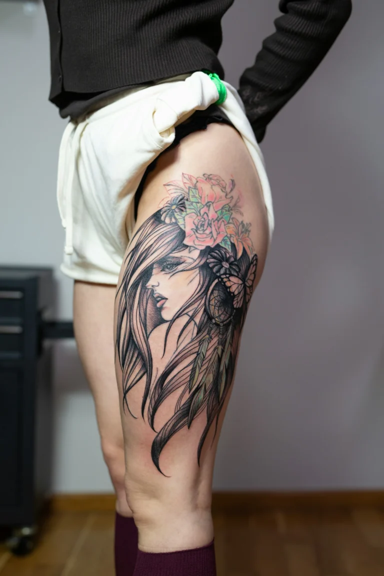 A woman’s face in black and grey on the thigh