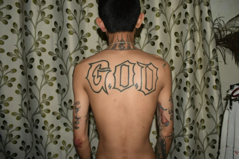 Large blackletter lettering across a back